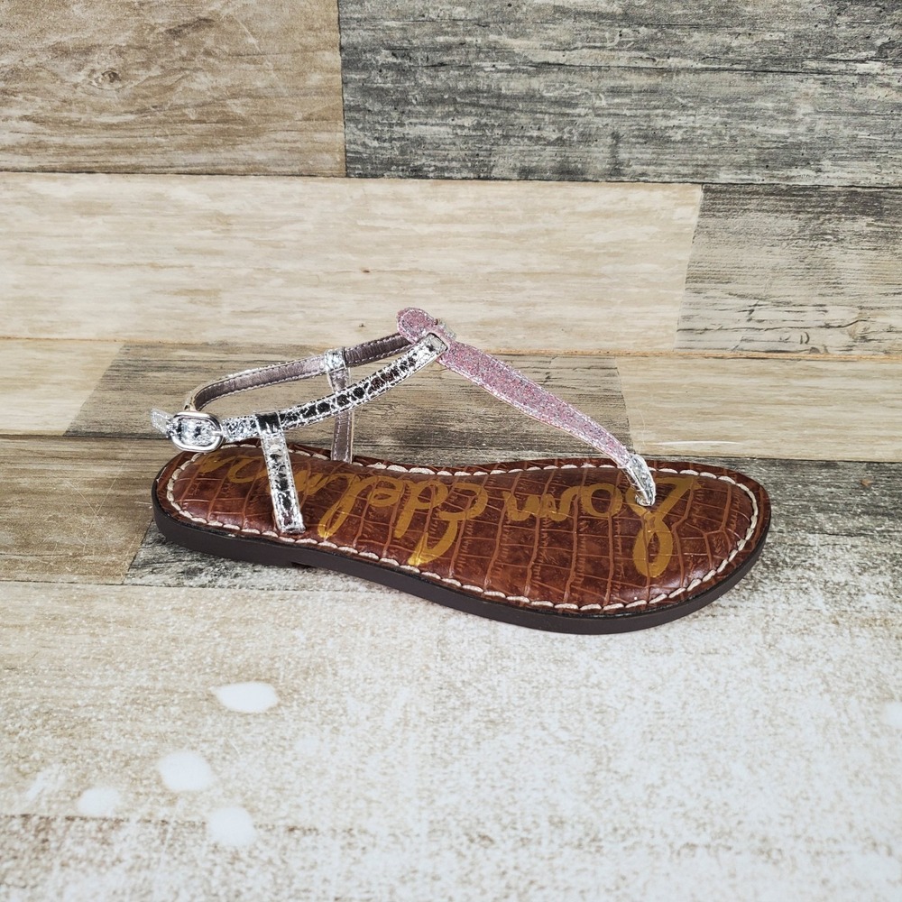 Sam Edelman Gigi Kids Thong Sandals Sz 1 Lilac Silver Glitter Buckle Ankle Strap